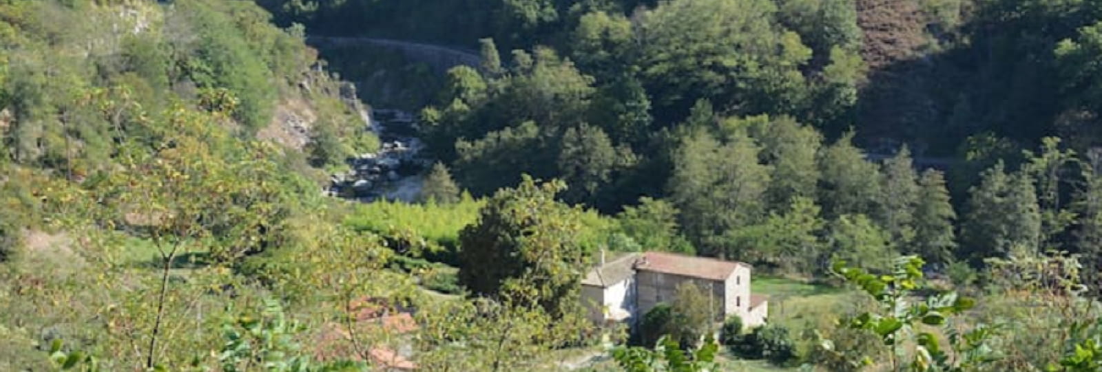 Vue d'ensemble du gîte.
Au second plan, la rivière 'le Doux' avec au dessus la voie ferrée du Train de l'Ardèche ainsi que le Vélo-rail. 